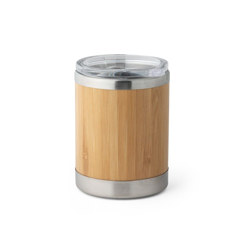 Bamboo and metal insulated travel mug with lid.