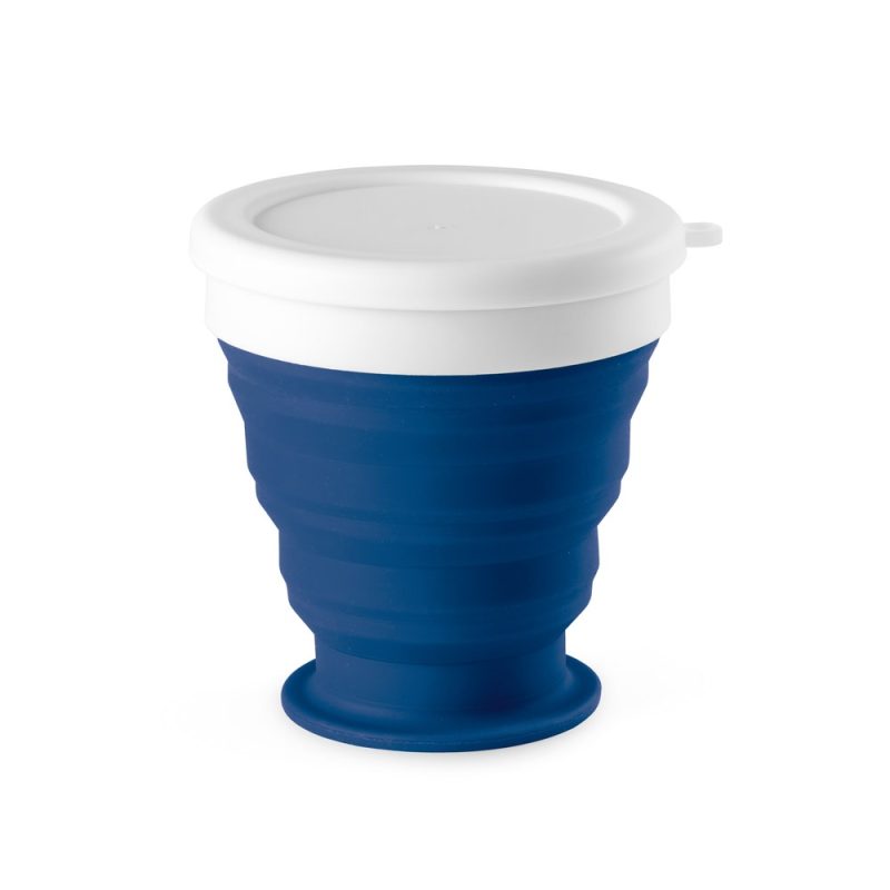Blue collapsible cup with white lid.