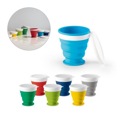 Colourful collapsible silicone cups with lids.