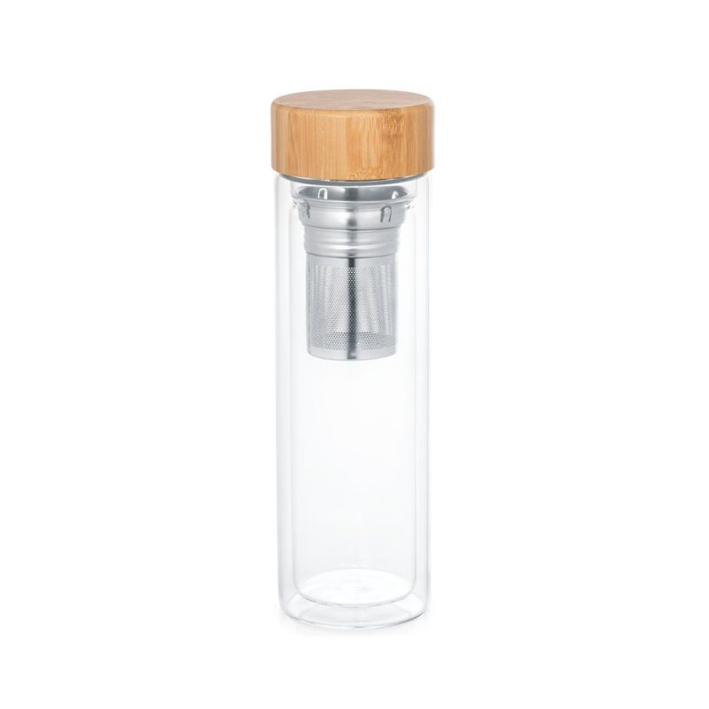 Glass tea infuser bottle with bamboo lid.