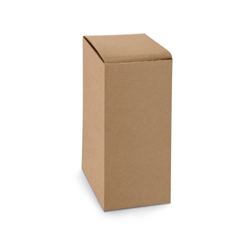 Tall, brown cardboard box on white background.