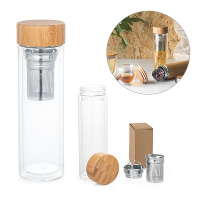 Glass tea infuser bottle with bamboo lid and box.