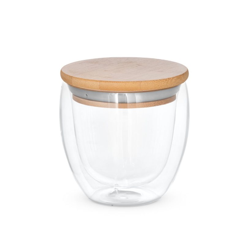 Glass jar with wooden lid and metal rim.