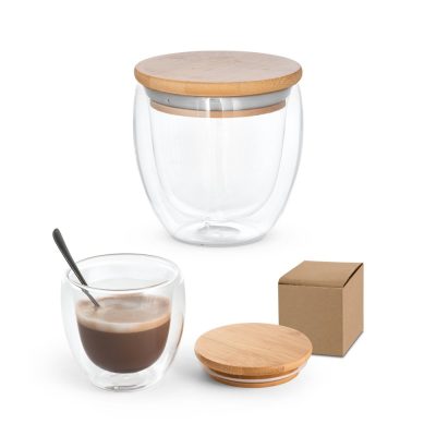 Double wall glass mug with wooden lid and box.