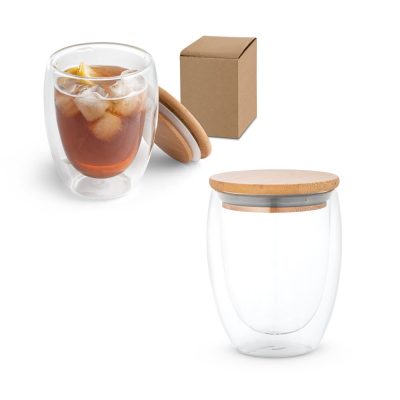 Double-walled glass mug with bamboo lid, featuring packaging.
