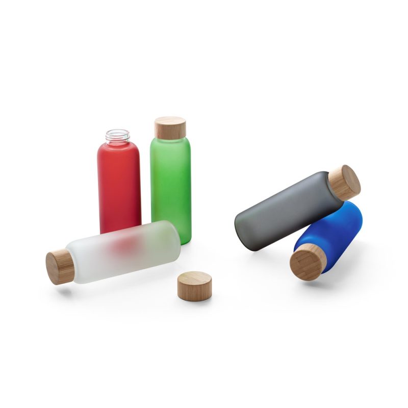 Colourful glass bottles with wooden lids.