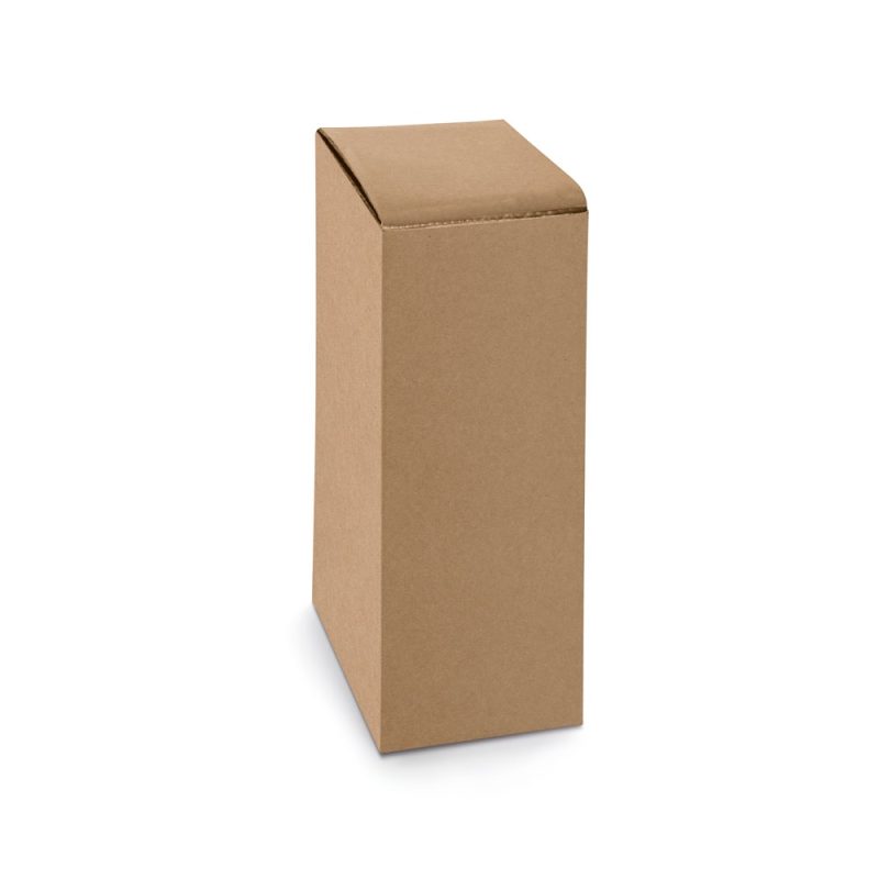 Tall brown cardboard box, closed and upright.