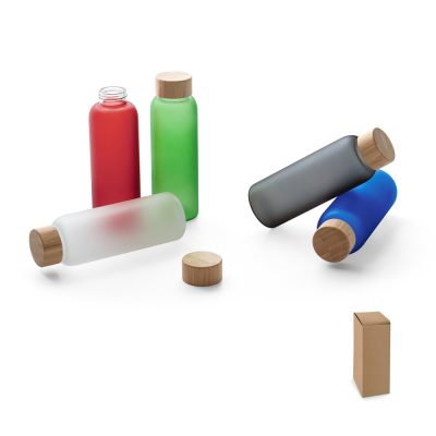 Coloured glass bottles with wooden lids.