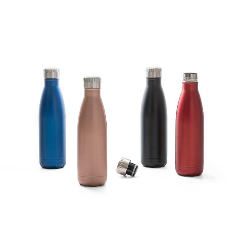 Colourful insulated water bottles with one open lid.