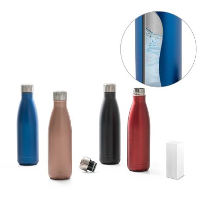 Colourful stainless steel water bottles with lids.
