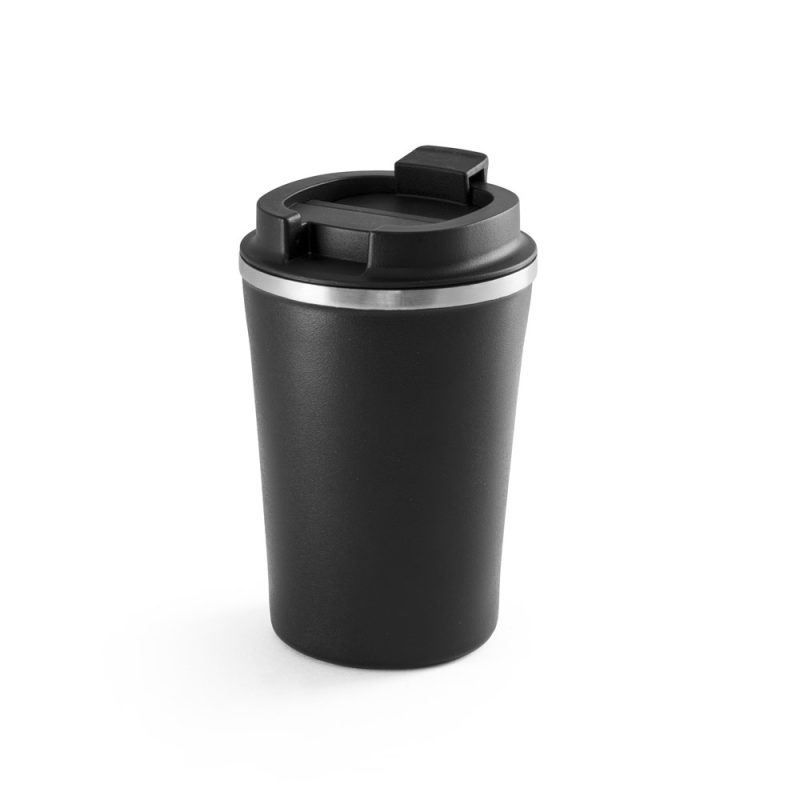 Black insulated travel mug with secure lid