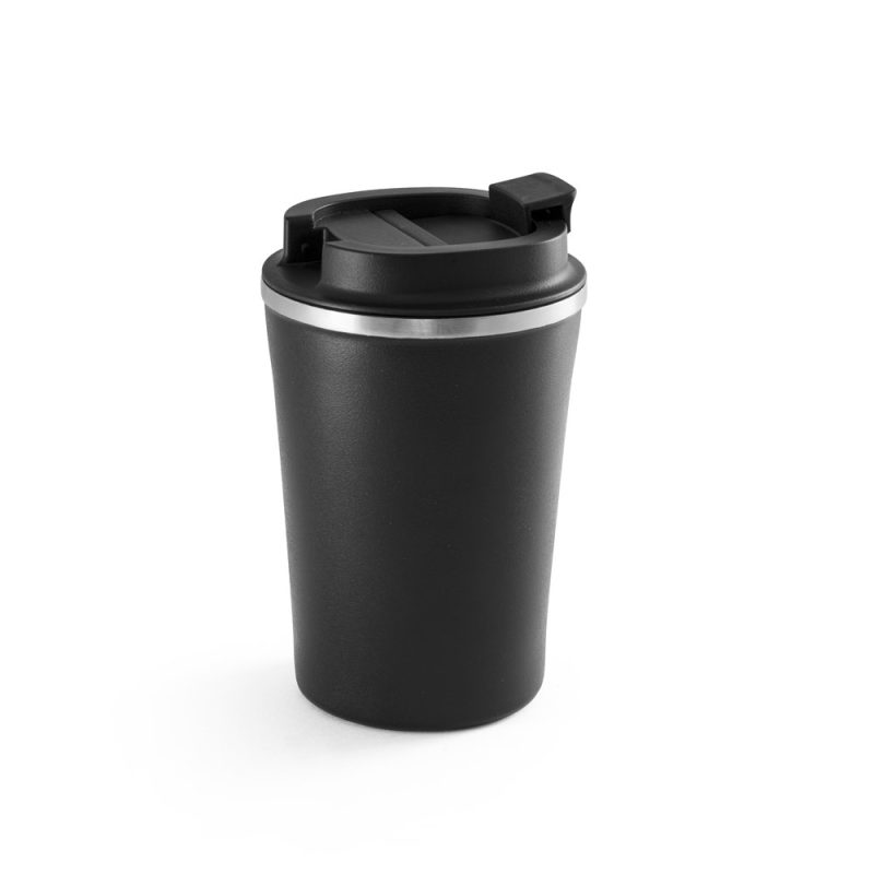 Black reusable travel mug with lid.