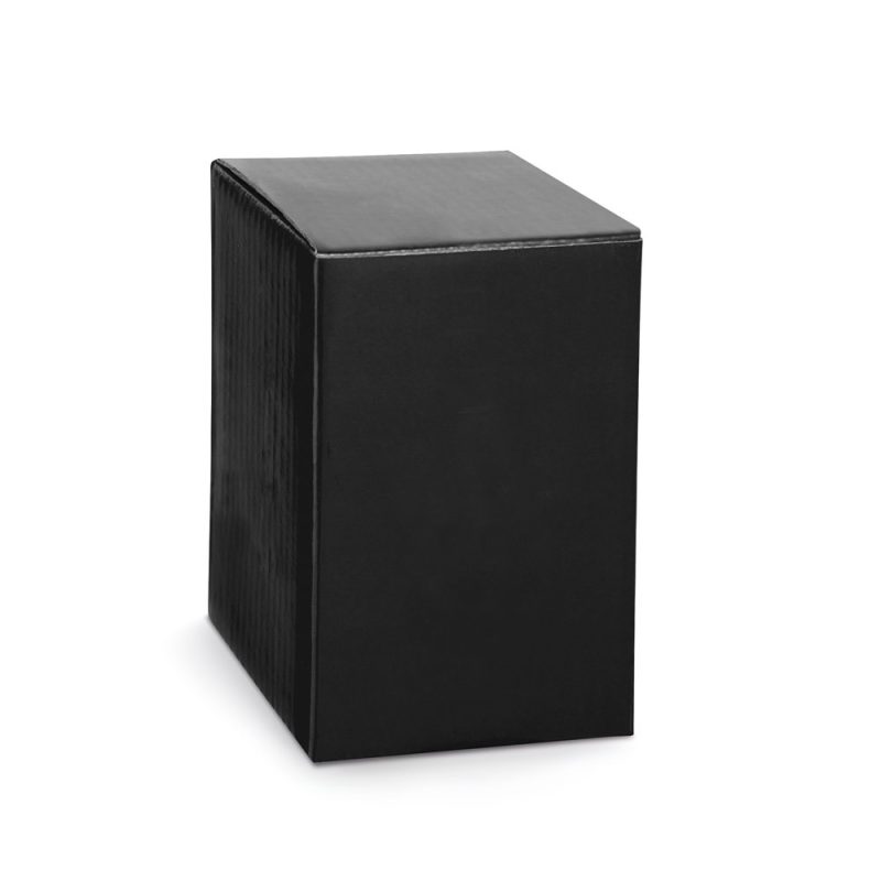 Black rectangular cardboard box on white background.