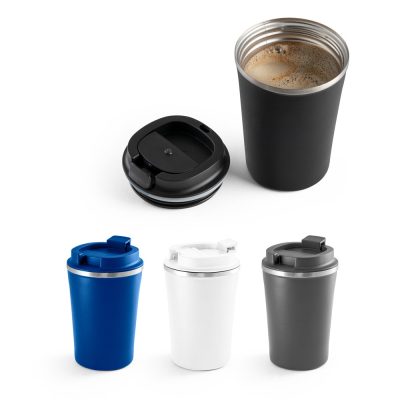 Four insulated travel mugs with lids.