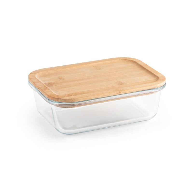 Glass container with bamboo lid.
