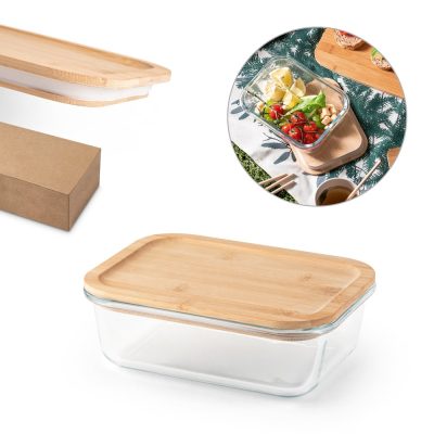 Glass lunchbox with bamboo lid for food storage.