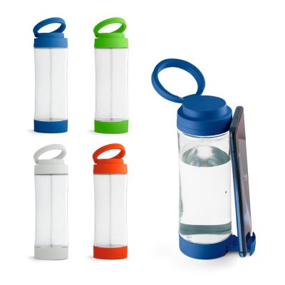 Colourful water bottles with phone holder feature.