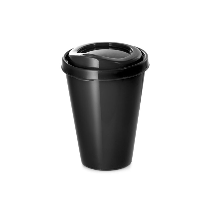 Black disposable coffee cup with lid.