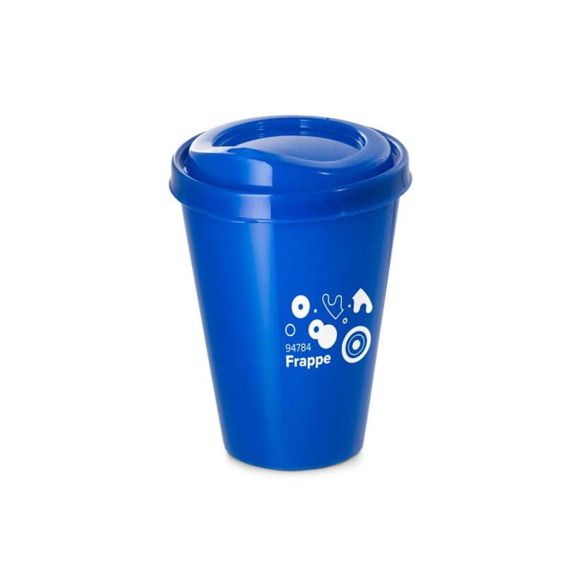 Blue coffee cup with lid and design.