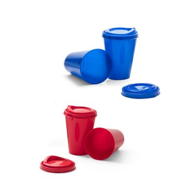 Red and blue plastic cups with lids.