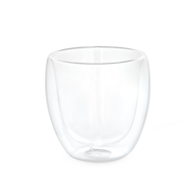 Double-walled clear glass cup on white background.