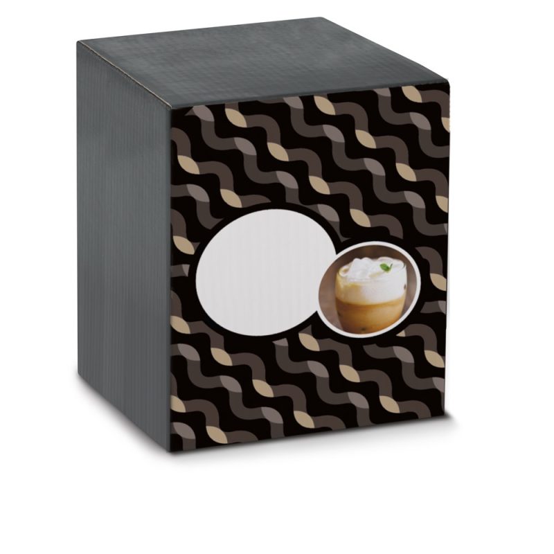 Black patterned box with iced coffee image