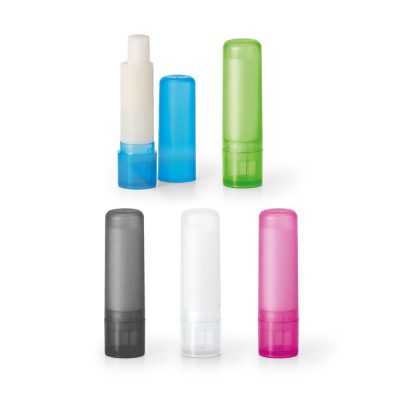 Various coloured lip balm tubes displayed