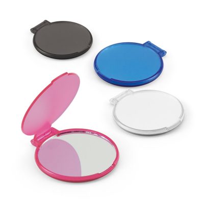 Four colourful compact mirrors, pink open showing glass.