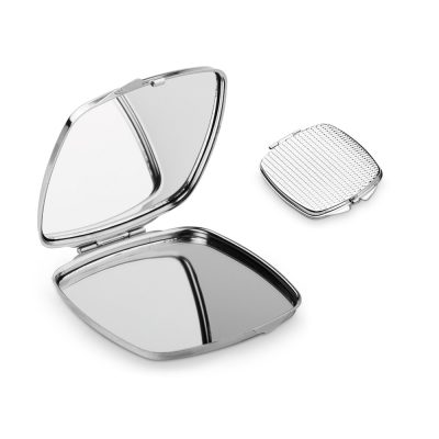 Open compact mirror with removable metallic insert.