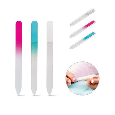 Colourful glass nail files with cases and usage.