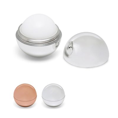 Spherical lip balm containers in rose and silver colours.