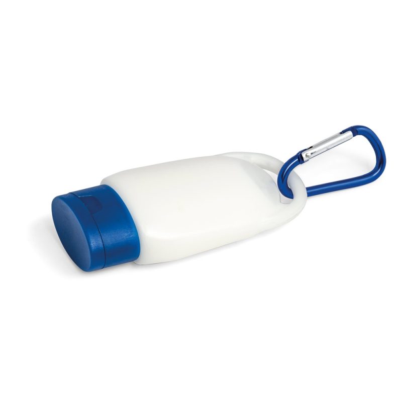 Travel bottle with blue carabiner clip