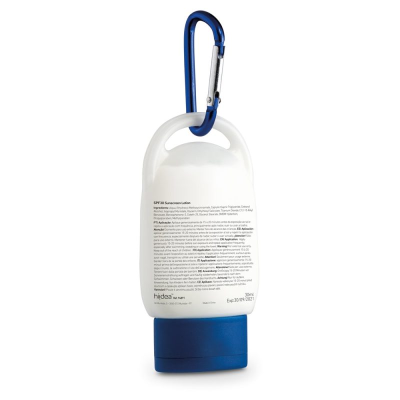 Sunscreen bottle with blue carabiner clip.