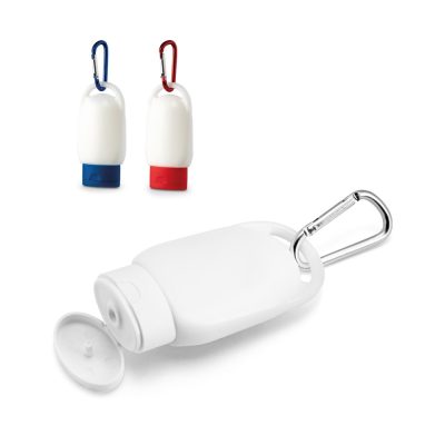 Travel bottles with carabiner clips in red, blue.
