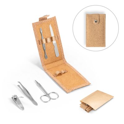 Eco-friendly cork manicure set on white background.