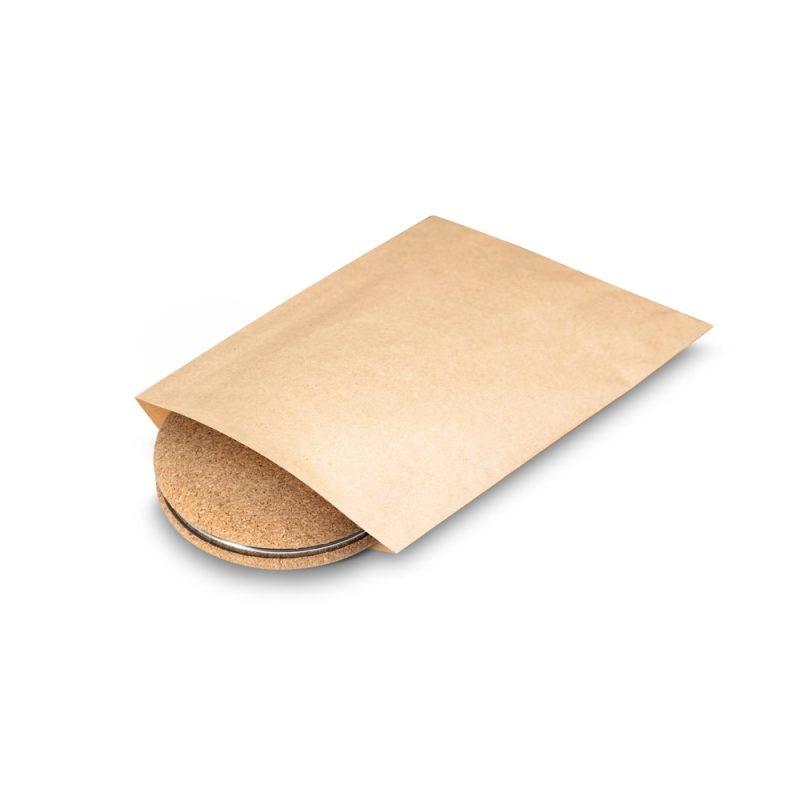 Cork coasters in brown paper bag.