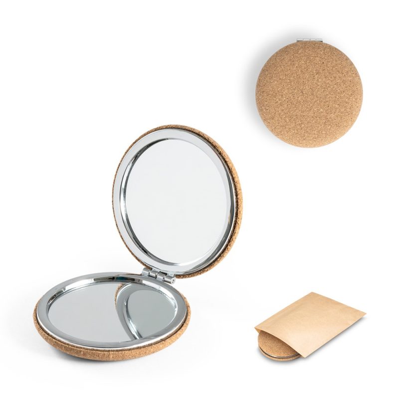 Round cork compact mirror with pouch.