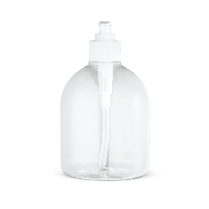 Clear plastic pump bottle with white lid