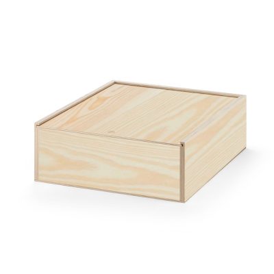 Wooden storage box with lid on white background.