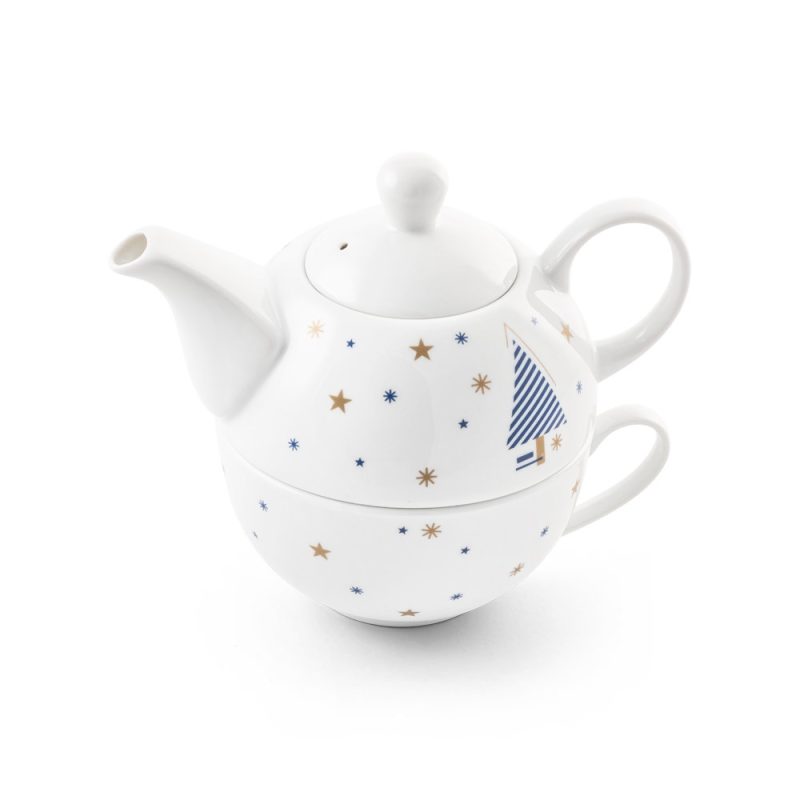 White teapot with star and tree design