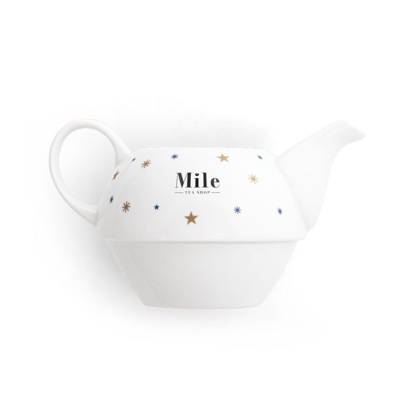White teapot with gold stars, Mile Teashop logo.