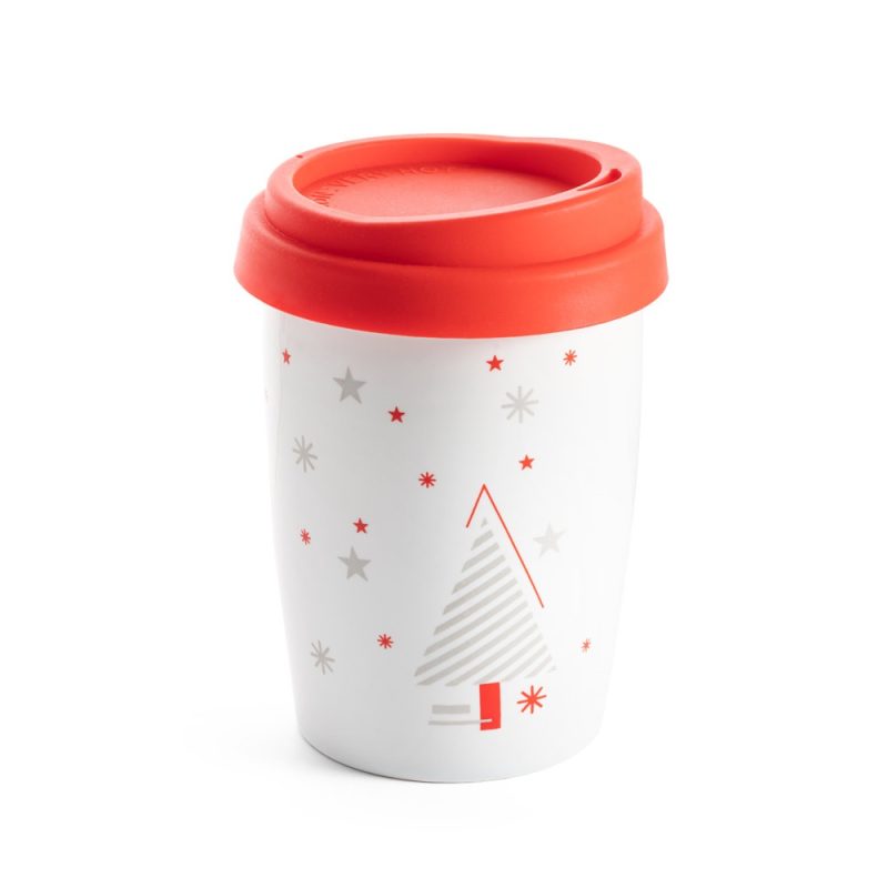 Festive travel mug with red lid and tree design.