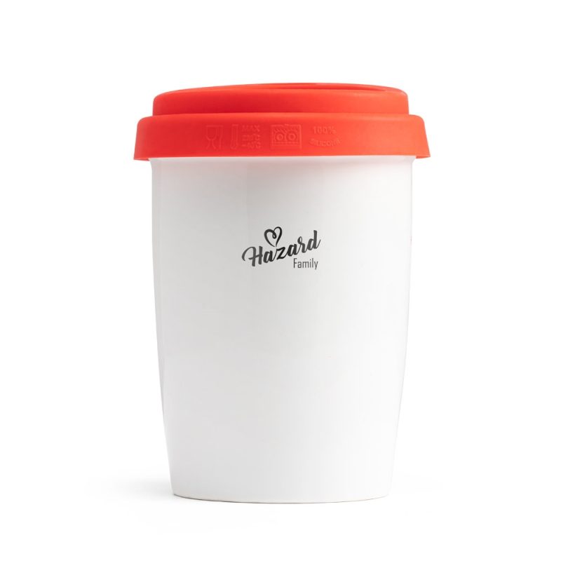 White cup with orange lid, Hazard Family logo.