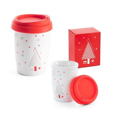 Christmas travel mug with red lid and gift box