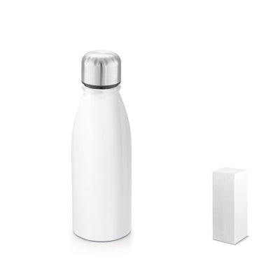 White insulated water bottle with packaging.