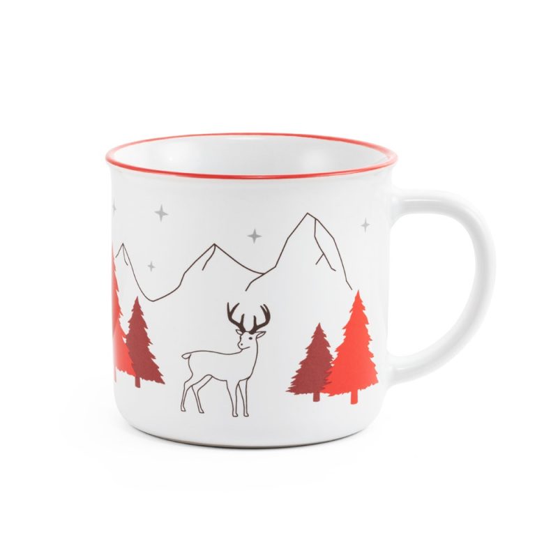 White mug, deer, trees, mountains design, red accents.