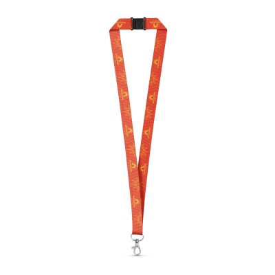 Red lanyard with decorative yellow patterns.