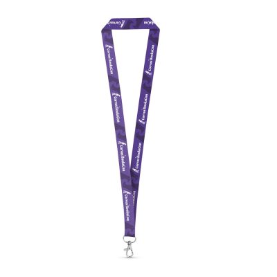 Purple branded lanyard with clip attachment.