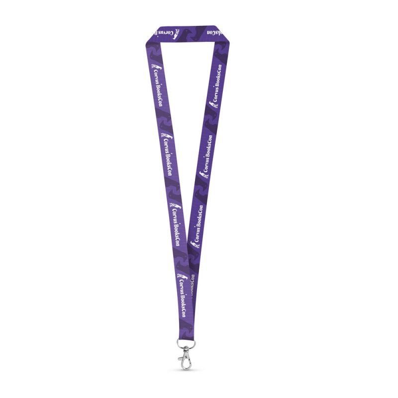 Purple branded lanyard with clip attachment.