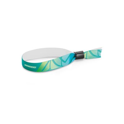 Green energy-themed fabric wristband on white background.